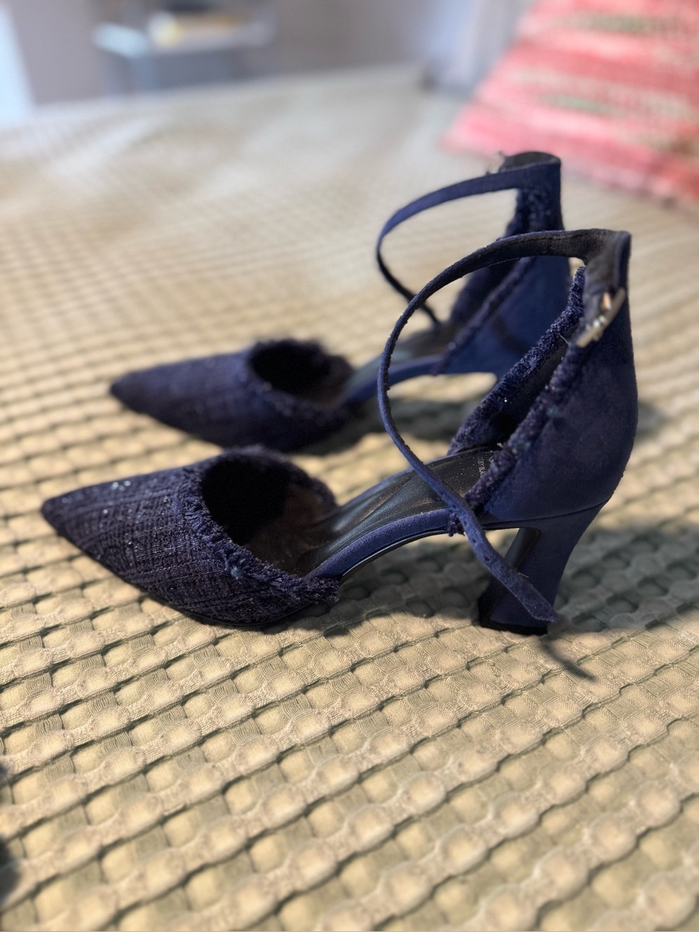 Cosy Island Navy Tweed Pointed Toe Ankle Strap Heels